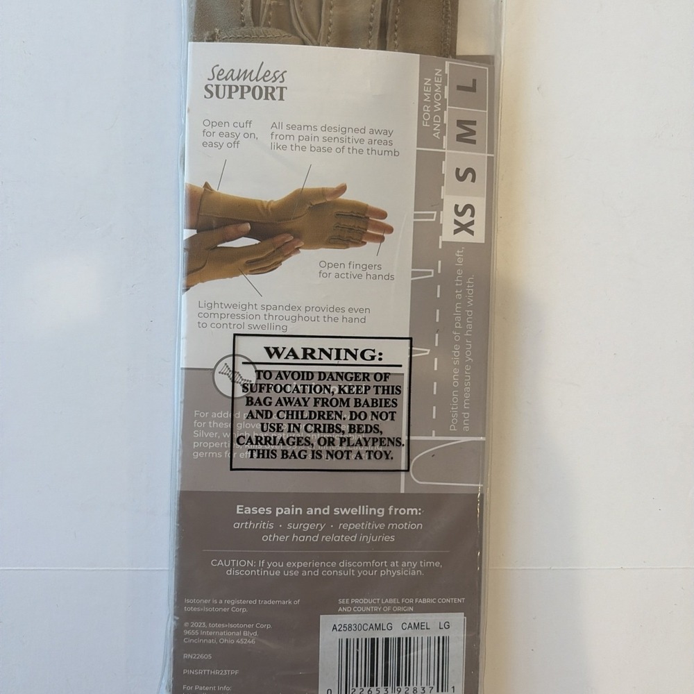 Isotoner Therapeutic Gloves Open Finger Camel Size Large Compression Pain Relief - Picture 4 of 7